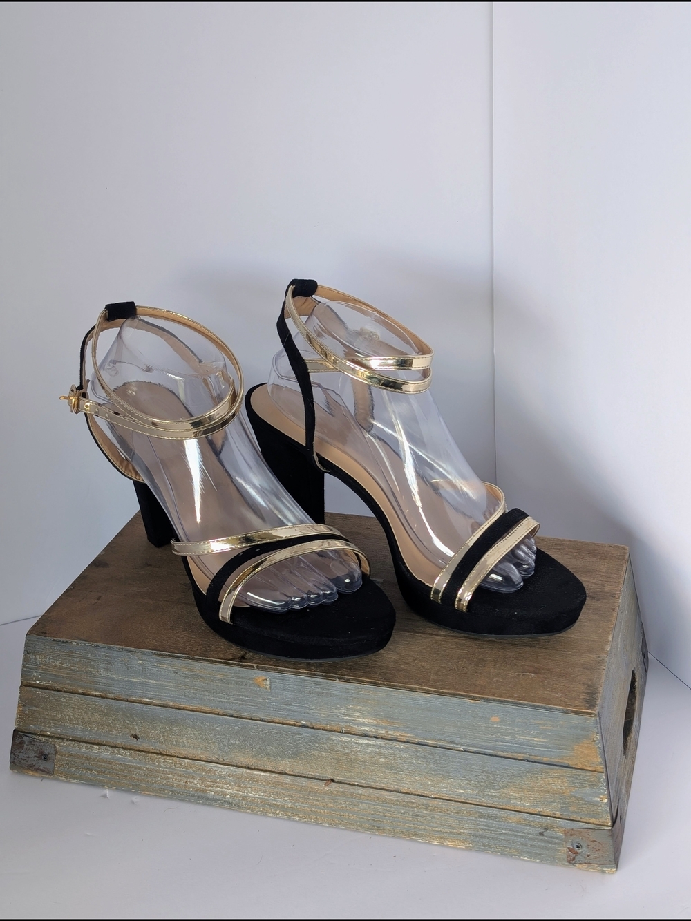 Black & Gold Strappy Block Heels